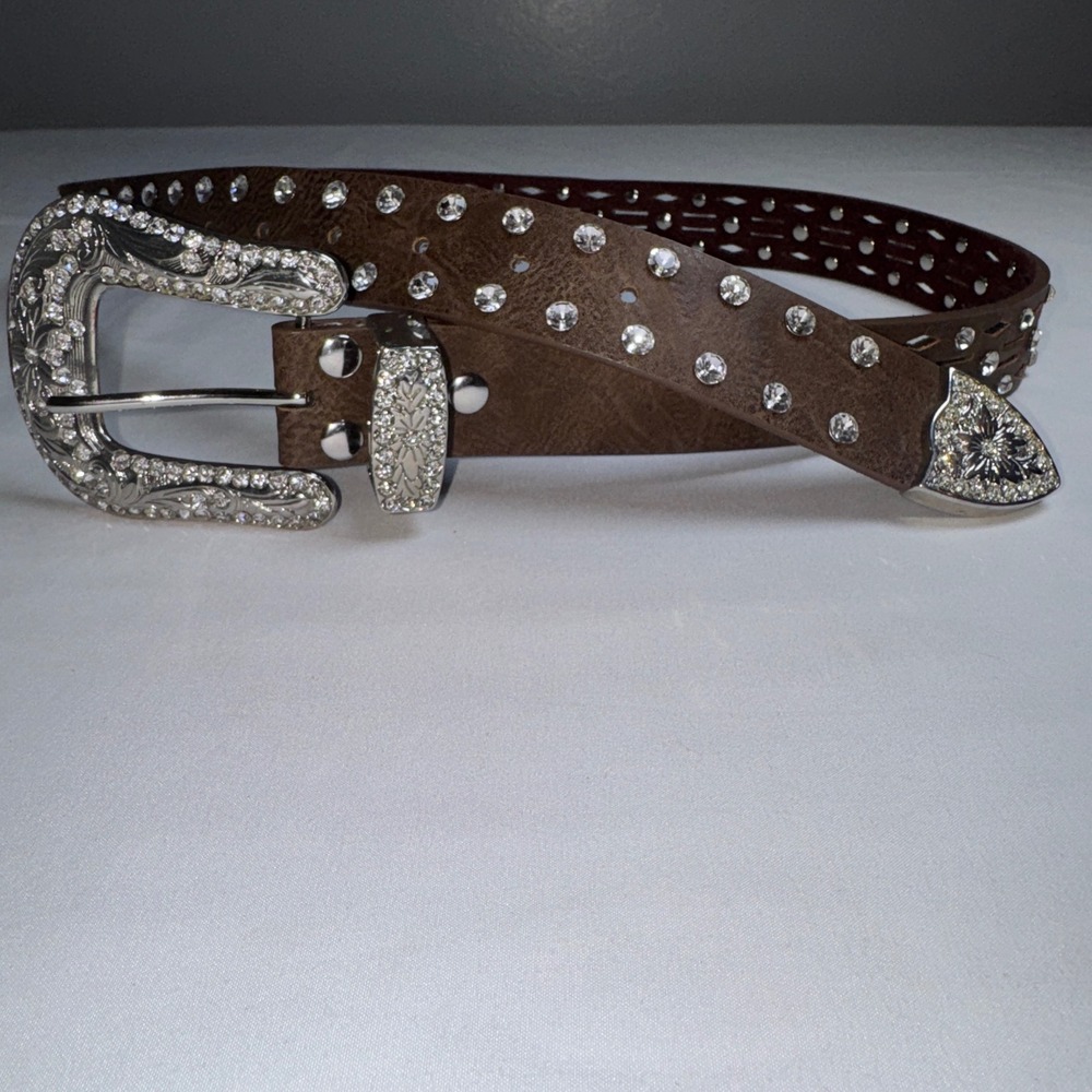 Western Brown Genuine Leather Rhinestone Studded Belt Silver Buckle Large 183